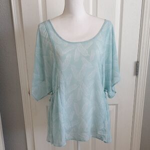 Torrid Turquoise Sheer Blouse With Flowy Sleeves And Feather Pattern Size 0